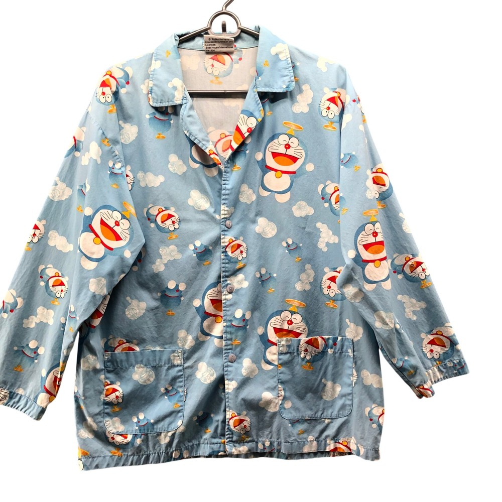 VTG Doraemon All Over Print Lounge Shirt Light Blue Mens L‎ Y2K Anime
